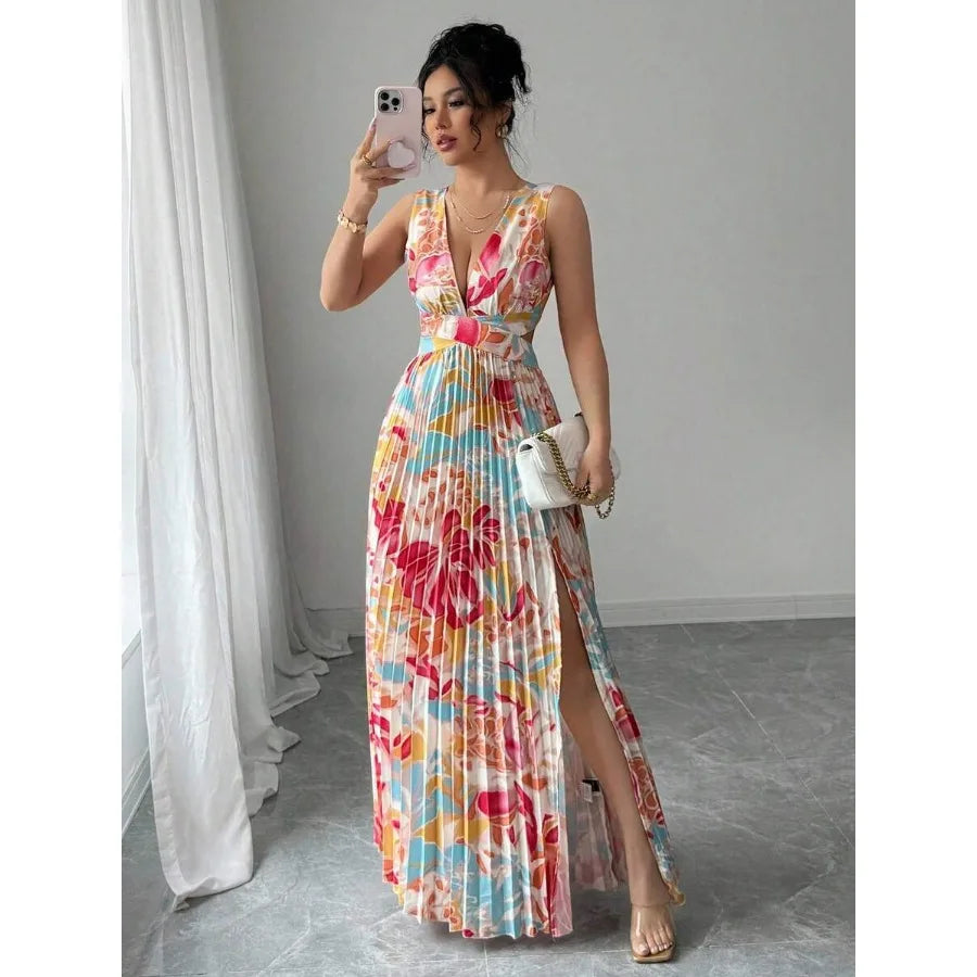 V-Neck Floral Dress with Slit