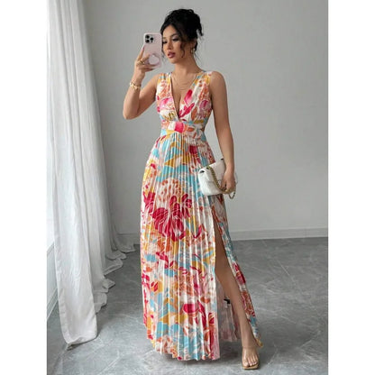 V-Neck Floral Dress with Slit