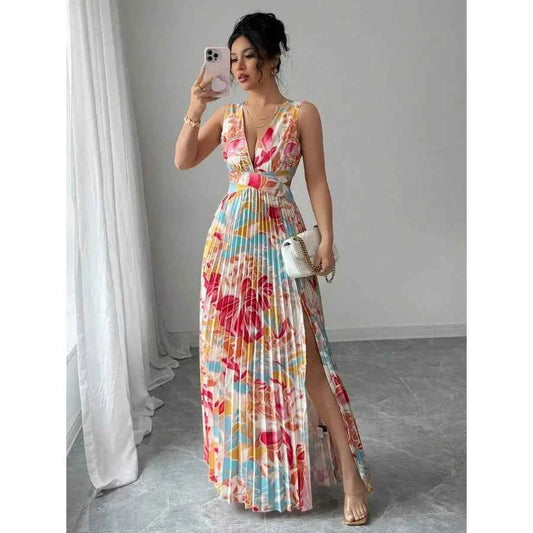 V-Neck Floral Dress with Slit