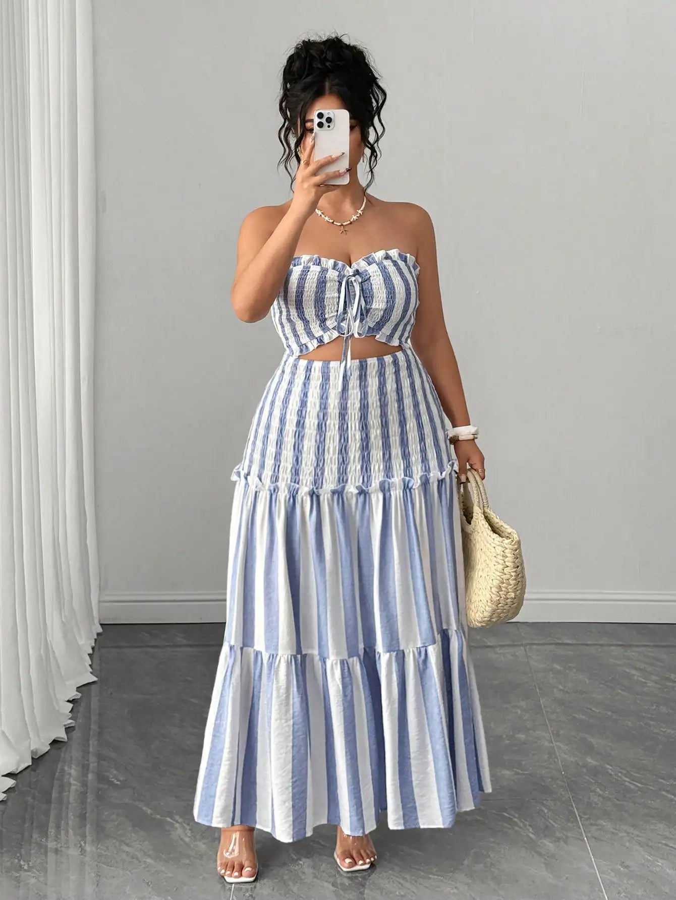 Blue And White Striped Strapless Dress