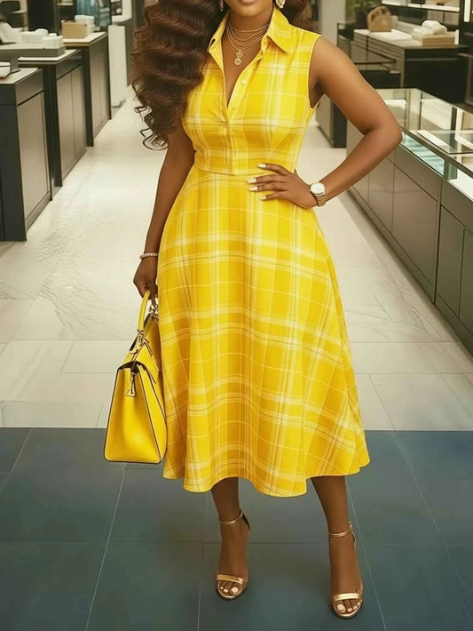 Sleeveless Plaid Print Midi Dress