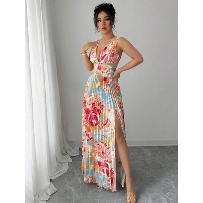 V-Neck Floral Dress with Slit