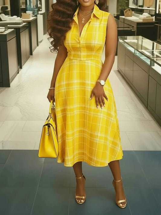 Sleeveless Plaid Print Midi Dress