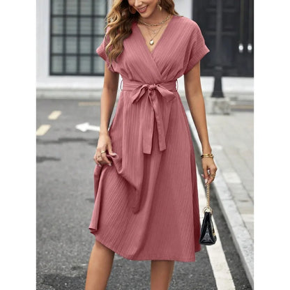 V Neck Short Sleeve Midi Dress