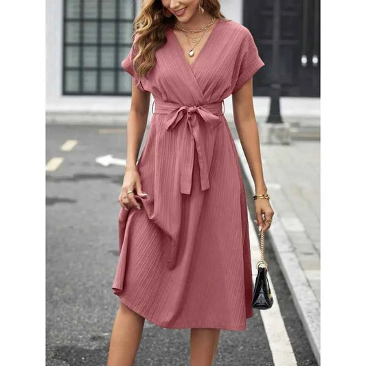 V Neck Short Sleeve Midi Dress