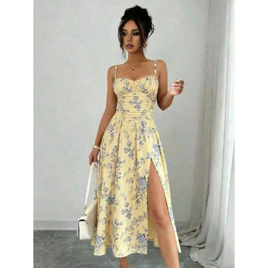 Floral Print Front High Slit Dress