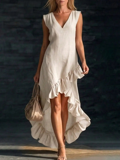 Sleeveless V Neck Ruffle Hem Elegant Casual Dress