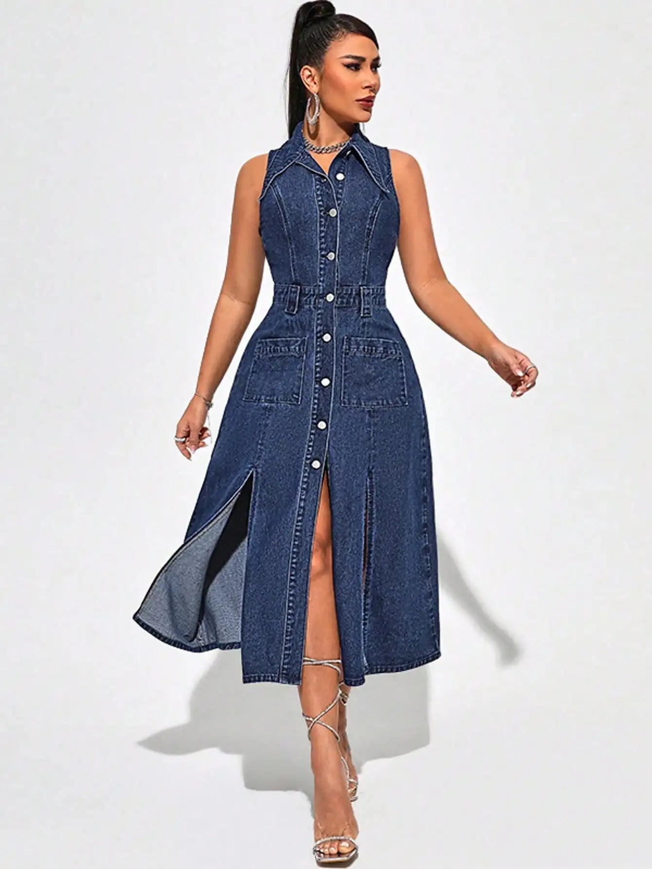 Collared Sleeveless Denim Dress With Slits and Pockets