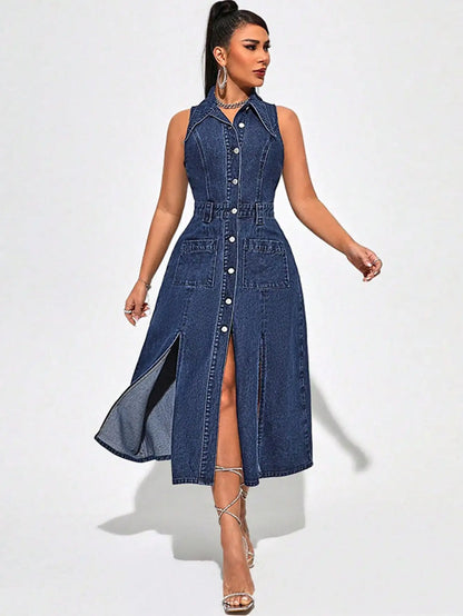 Collared Sleeveless Denim Dress With Slits and Pockets