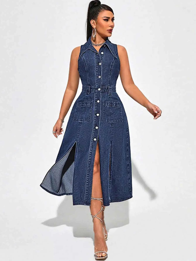 Collared Sleeveless Denim Dress With Slits and Pockets