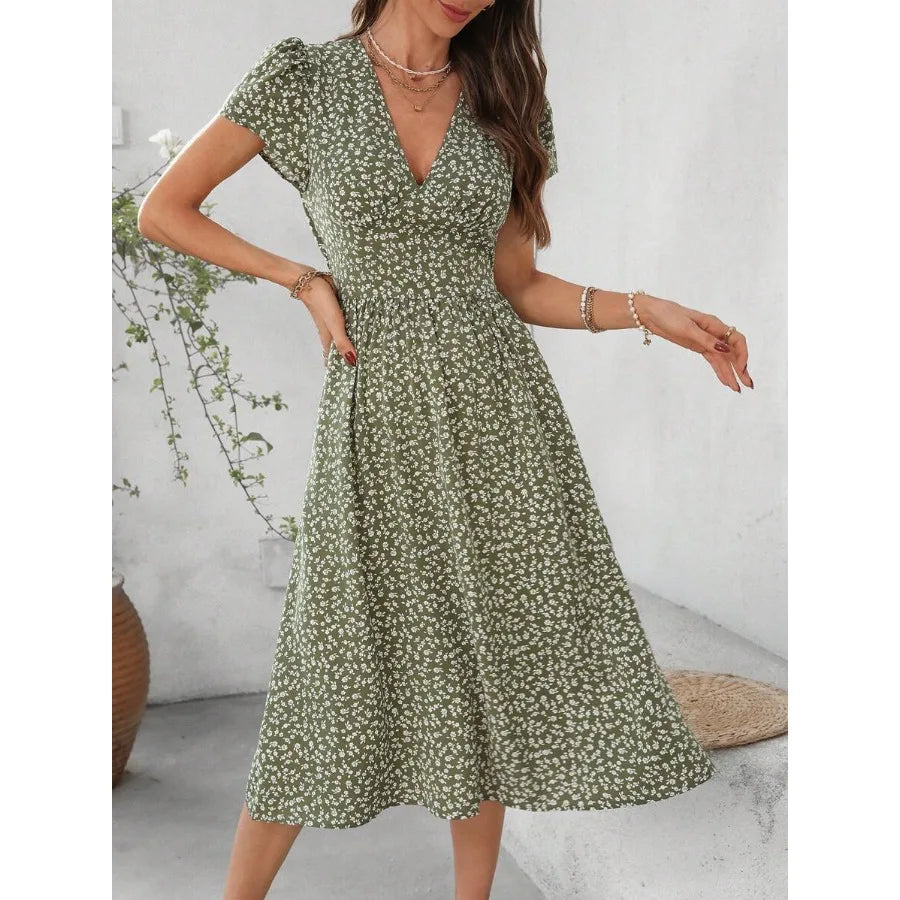 V-Neck Short Sleeve Mid-Length Dress