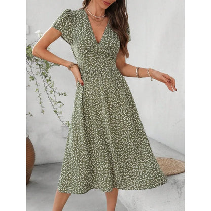 V-Neck Short Sleeve Mid-Length Dress