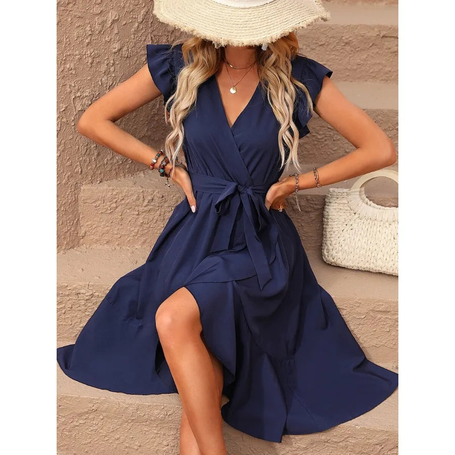 Solid Ruffle Trim Belted Wrap Dress