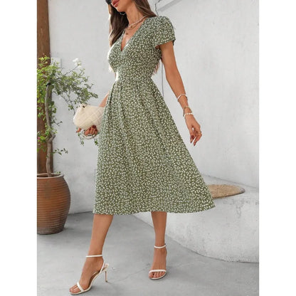 V-Neck Short Sleeve Mid-Length Dress
