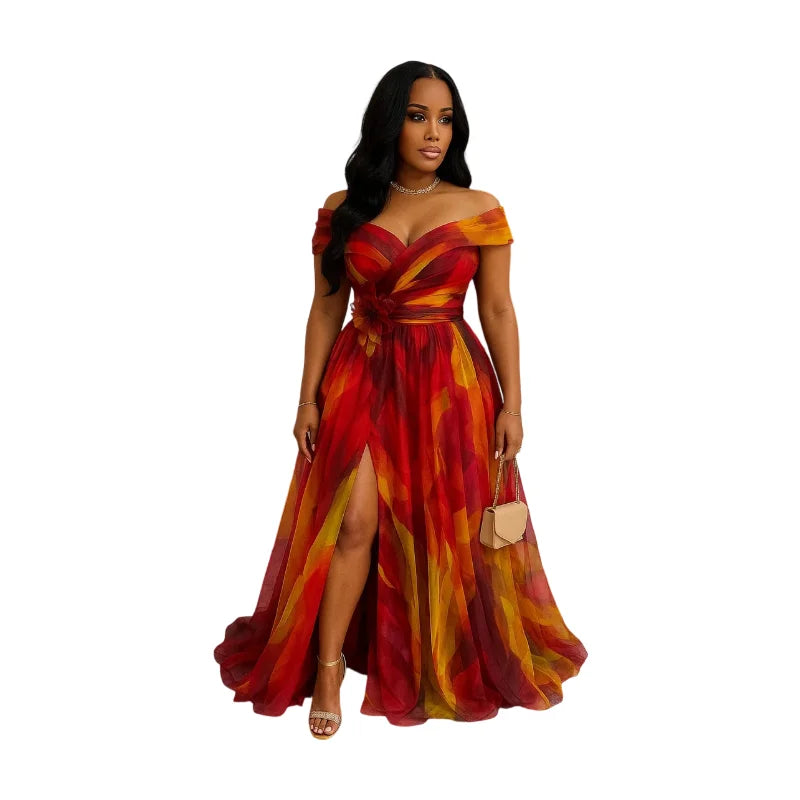 Off Shoulder Printed Maxi Gown With Front Slit