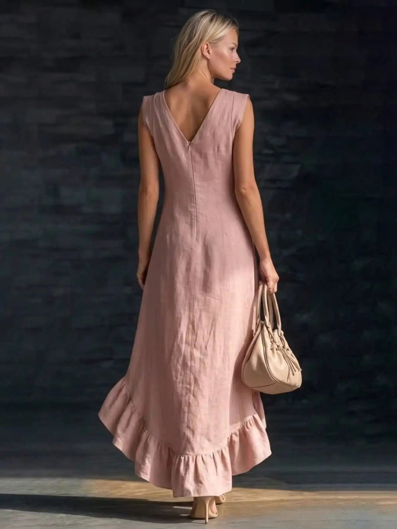 Sleeveless V Neck Ruffle Hem Elegant Casual Dress