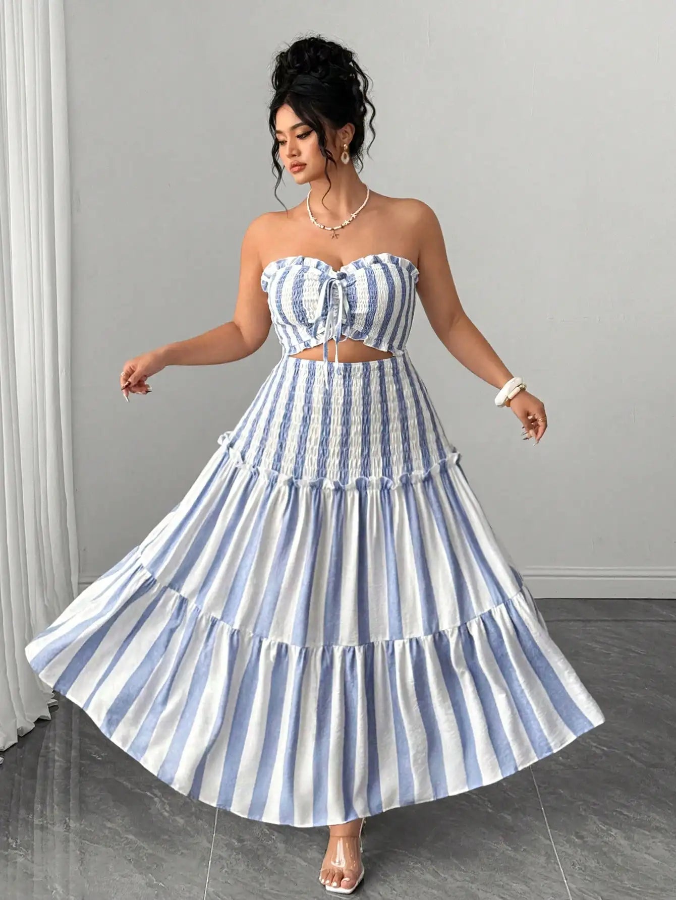 Blue And White Striped Strapless Dress