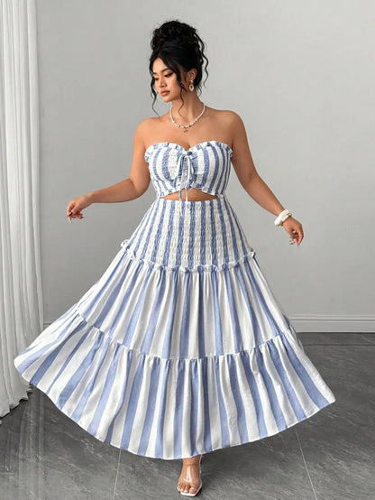Blue And White Striped Strapless Dress