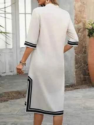 Black and White Striped Trim V-Neck Dress