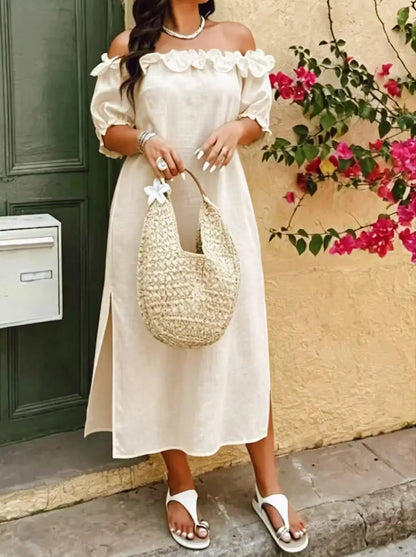 Off-Shoulder Puff Sleeve Loose Hem Slit Dress