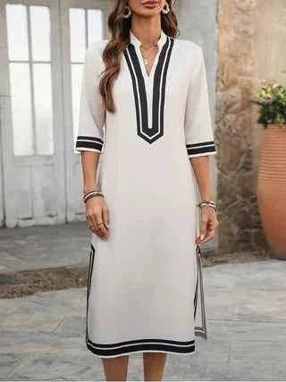 Black and White Striped Trim V-Neck Dress