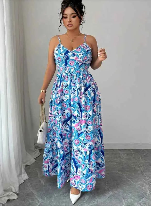 Blue and White Floral Camisole Long Dress