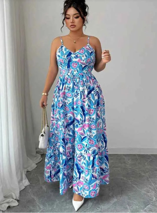 Blue and White Floral Camisole Long Dress