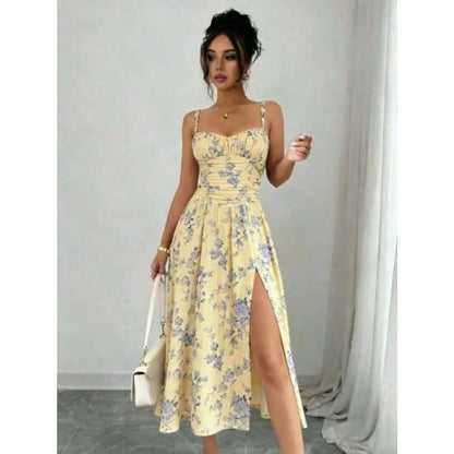 Floral Print Front High Slit Dress