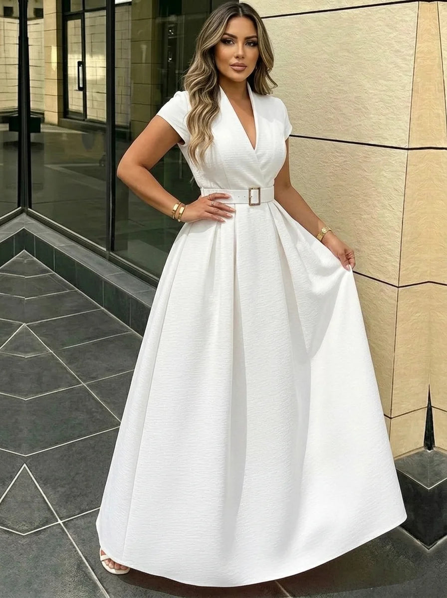 Short Sleeve Belted Maxi Gown Dress
