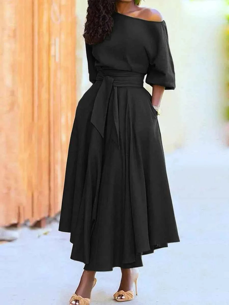 Slanted Shoulder Collar Tie Waist Dress