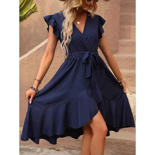 Solid Ruffle Trim Belted Wrap Dress