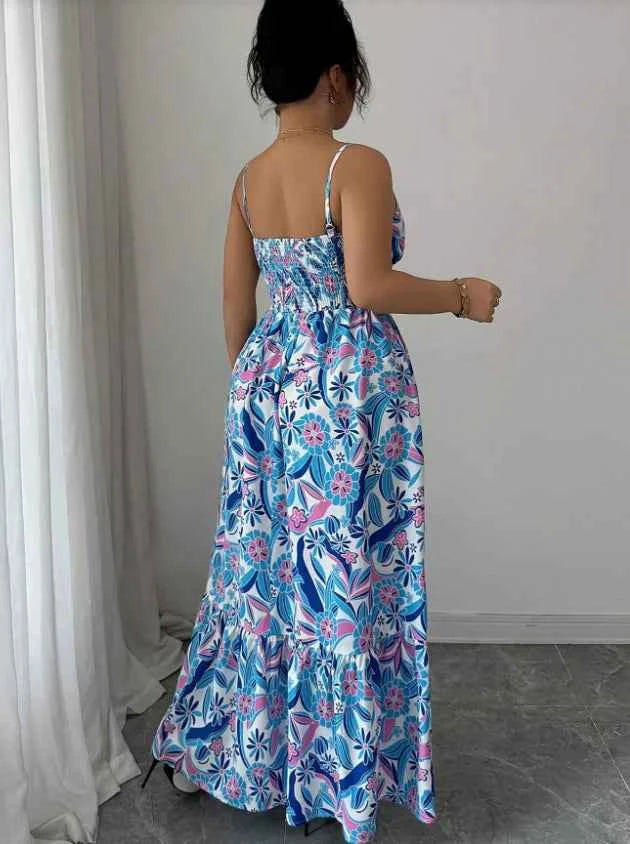 Blue and White Floral Camisole Long Dress