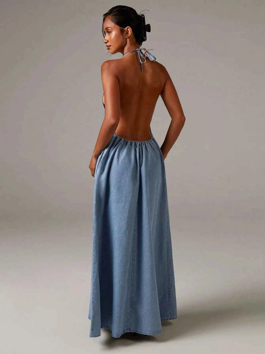 Denim Halterneck Maxi Dress