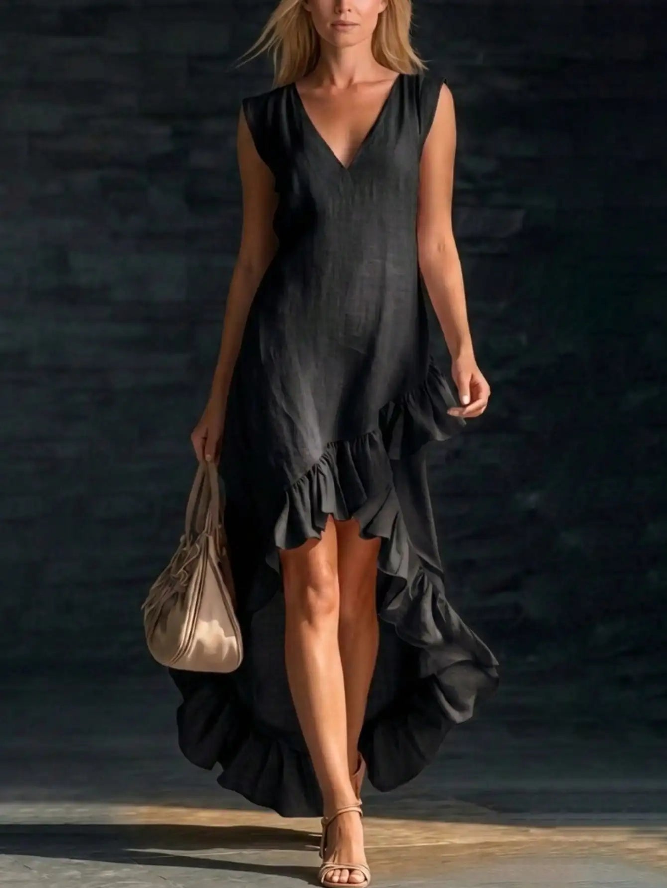 Sleeveless V Neck Ruffle Hem Elegant Casual Dress