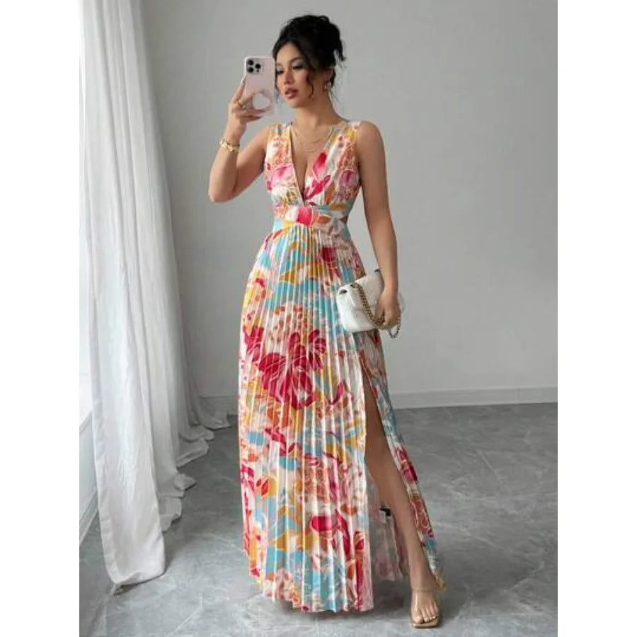 V-Neck Floral Dress with Slit