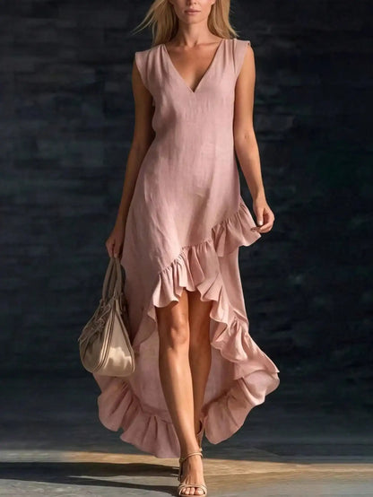 Sleeveless V Neck Ruffle Hem Elegant Casual Dress