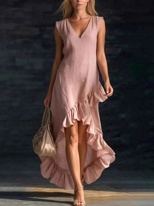 Sleeveless V Neck Ruffle Hem Elegant Casual Dress
