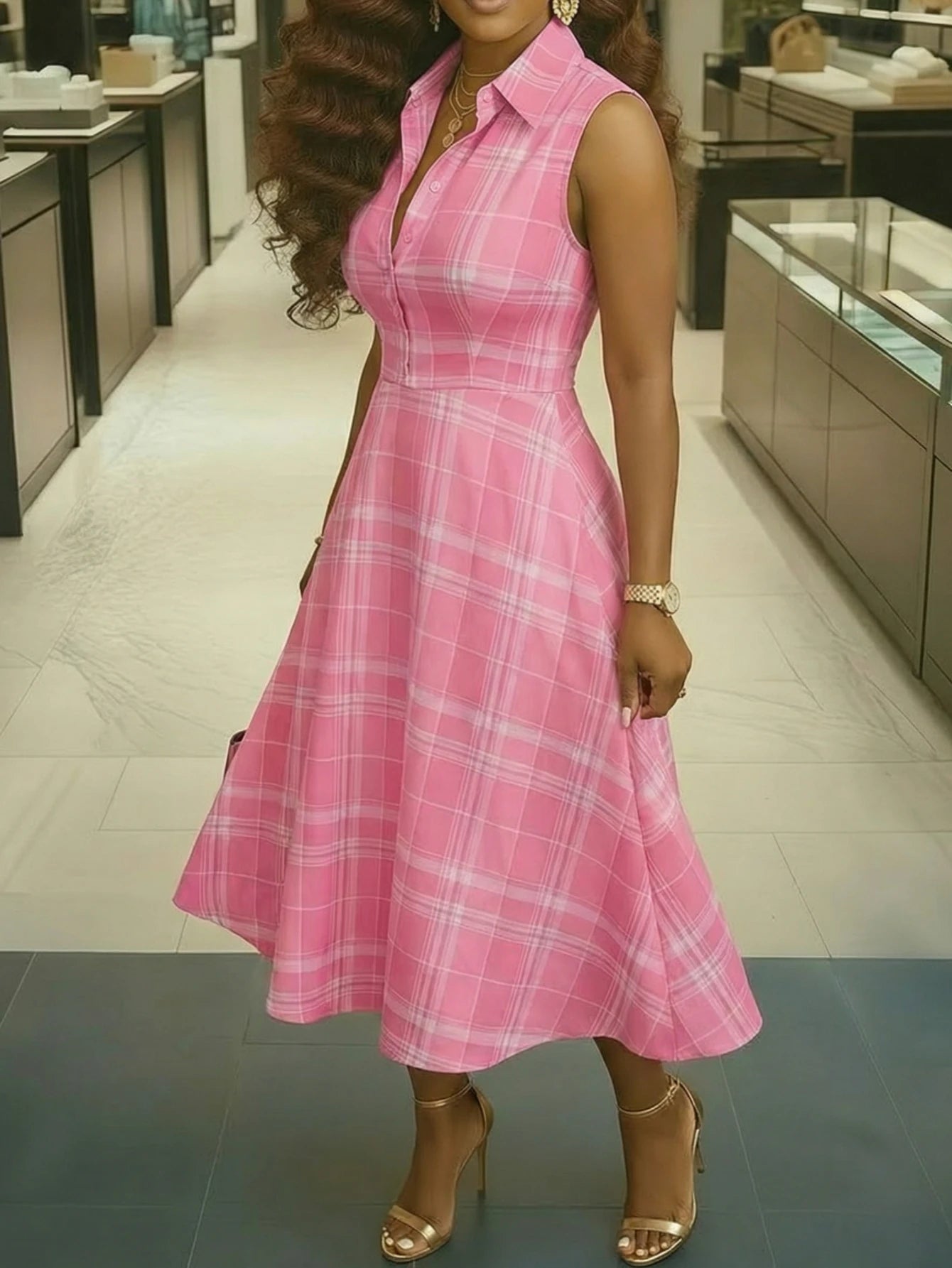 Sleeveless Plaid Print Midi Dress