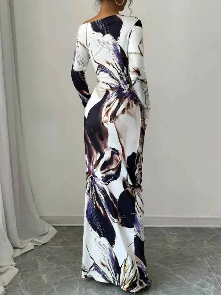 Printed Slanted Shoulder Long Sleeve Dress