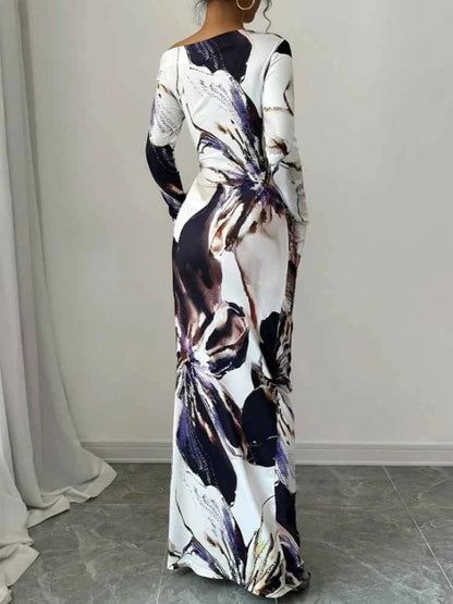 Printed Slanted Shoulder Long Sleeve Dress