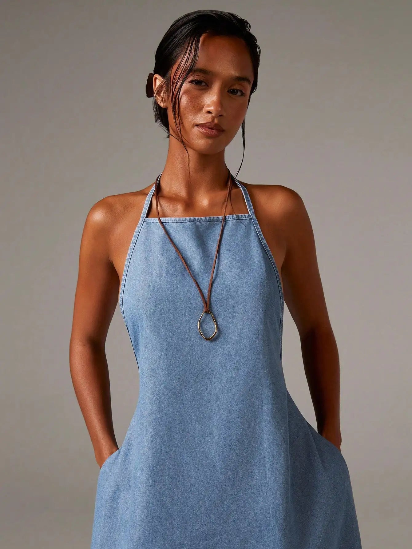 Denim Halterneck Maxi Dress