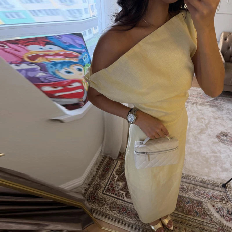 One Shoulder Draped Sleeveless Dress