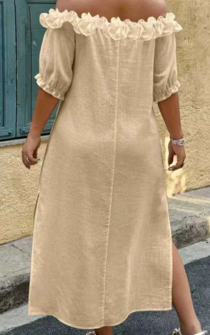 Off-Shoulder Puff Sleeve Loose Hem Slit Dress