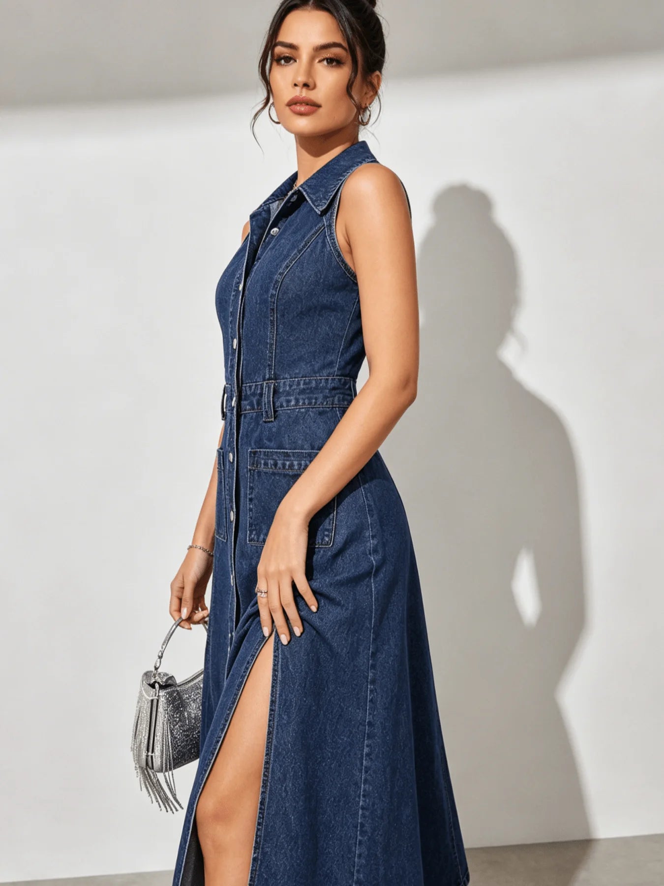 Collared Sleeveless Denim Dress With Slits and Pockets