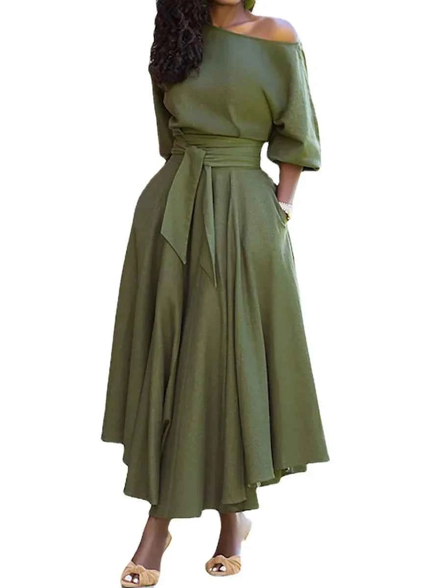 Slanted Shoulder Collar Tie Waist Dress