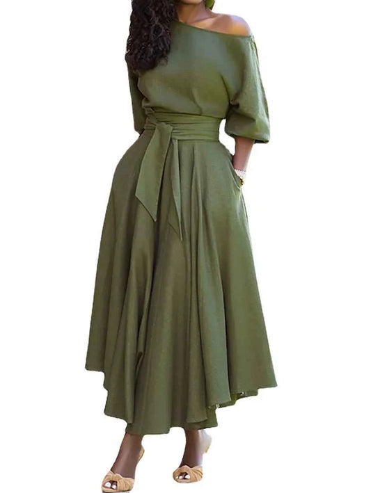 Slanted Shoulder Collar Tie Waist Dress