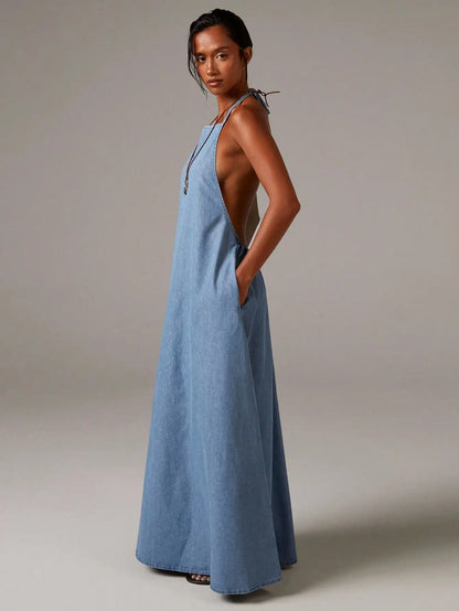 Denim Halterneck Maxi Dress