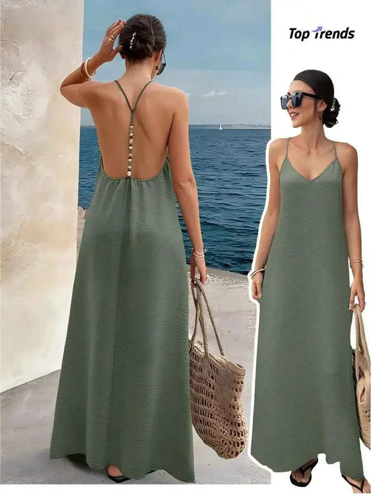 Solid Color Backless Long Elegant Dress