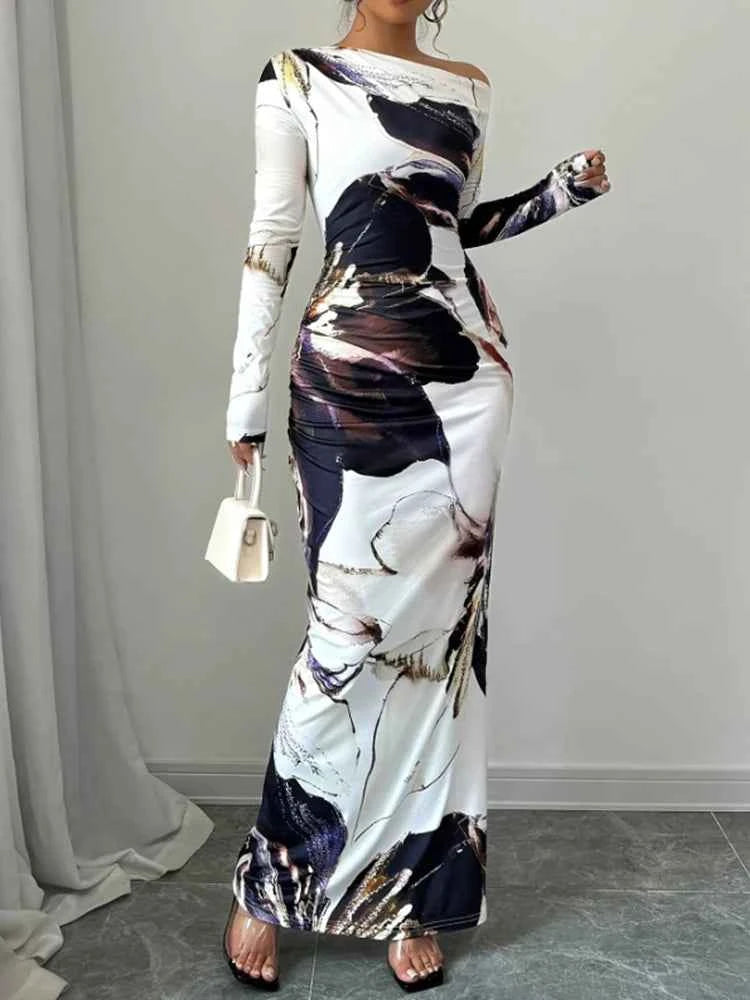 Printed Slanted Shoulder Long Sleeve Dress