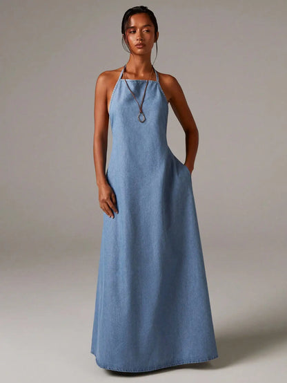Denim Halterneck Maxi Dress